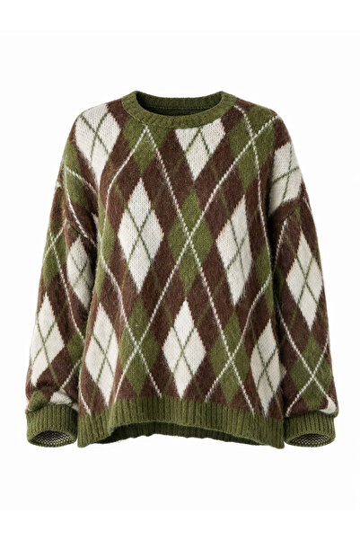 Retrobird Şardonlu Tüylü Baklava Dilim Triko Kazak Kadın Koyu Haki