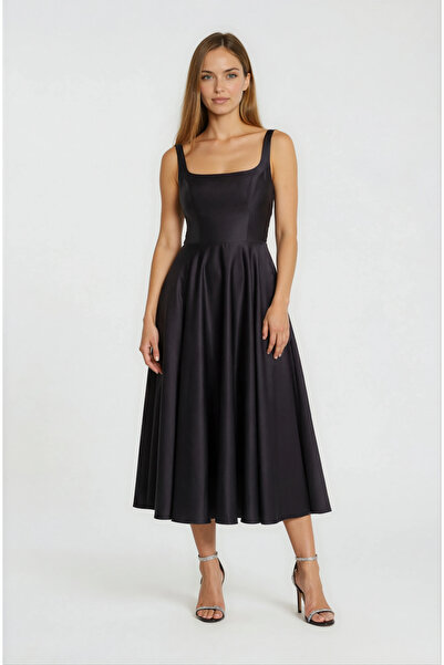 Spazio Nema Sırtı Çapraz Bağlamalı U Yaka Midi Abiye Elbise SİYAH