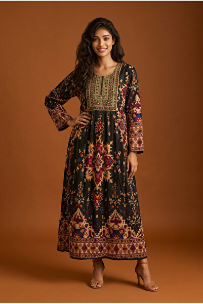 Mabrook Jalabiya قطن مخلوط - جلابية نسائية طويلة بقصة قَصّة على شكل A مطرّز ب...