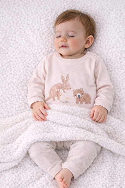 NiLi Baby Beige Front Printed - Embroidered Long Sleeve T-Shirt with Snap Fas...