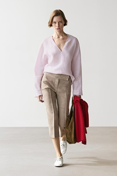 Massimo Dutti %100 keten V yaka bluz