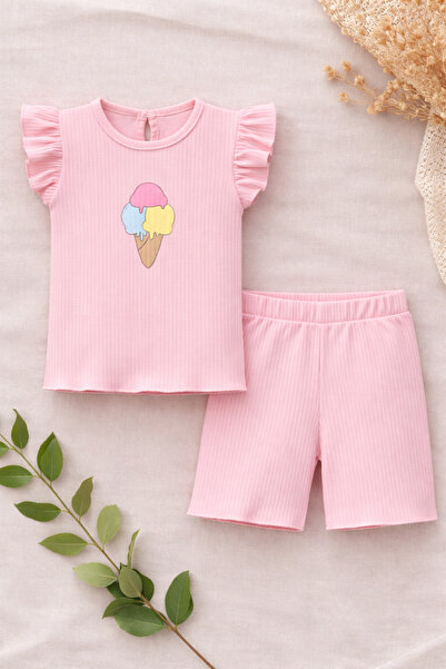 Bubito Pink Embossed Ice Cream Cotton Baby Girl Shorts Set