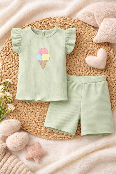 Bubito Green Cotton Baby Girl Shorts Set - Ice Cream Image and Embossed