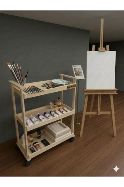 İNCİ TUVAL Büyük Boy Sanatsal Malzeme Rafı Şövale Yanı Ahşap Tekerlekli Organ...