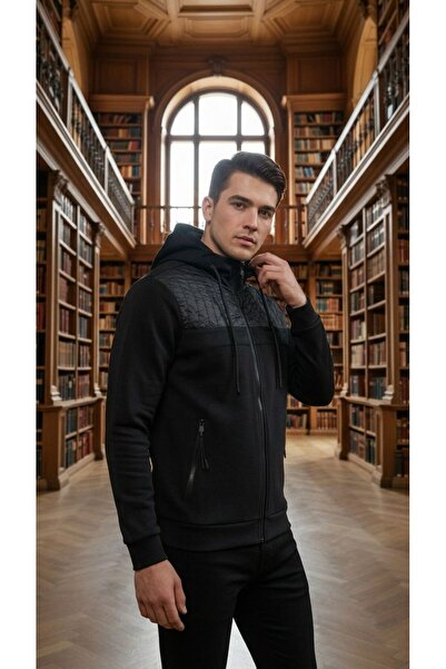 Eight Fashion Ανδρικό παλτό με φούτερ με φερμουάρ, μαύρο, με καπιτονέ λεπτομέ...