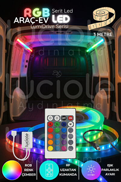 luciole LumiDrive 3m RGB 5050 LED Şerit – 24 Tuş Kumandalı Modüllü Set, Premi...
