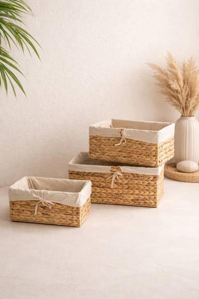 KaiHome Σετ 3 καλαθιών οργάνωσης με φυσικό ψάθινο εσωτερικό προστατευτικό – Ο...