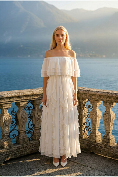 Romina Seraphine Omzu Açık Kat Kat Volanlı Uzun Şifon Abiye Elbise