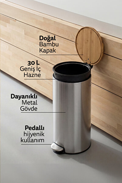 5FIVE Modern Metal Pedallı/Bambu Kapak 30 L Çöp Kutusu