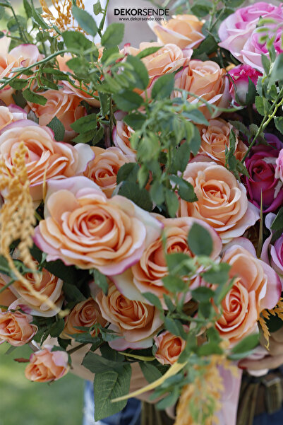 Dekorsende Yapay 3'lü Açmış Gül Dalı Turuncu 65 cm