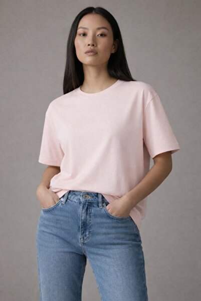 Maison La Femme Γυναικείο βαμβακερό μπλουζάκι Oversize χωρίς στάμπα σε πούδρα