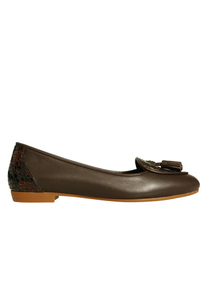 Platin Brown Leather Tasseled Women's Ballerinas