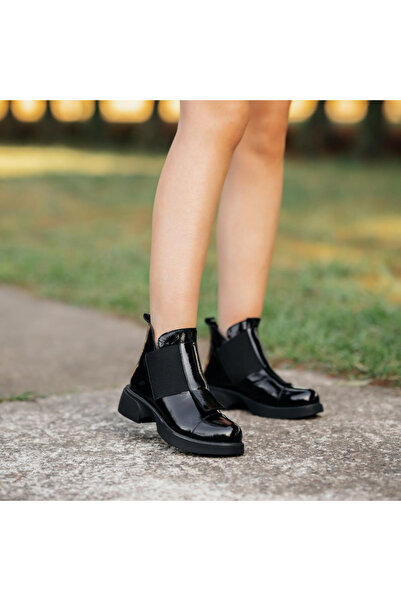 Platin Black Patent Leather Elastic Women's Casual Boots