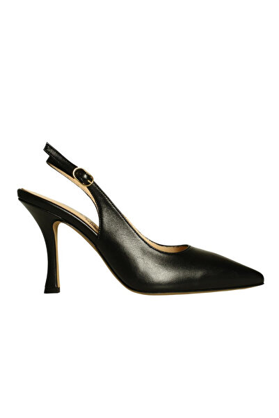 Platin Black Leather Women's Open Back Heeled Shoes