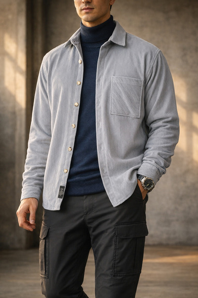 Souris Erkek Açık Gri Rahat Kalıp Kadife Gömlek