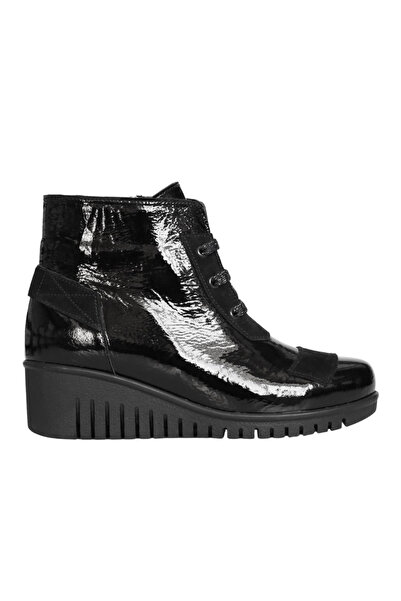 Platin Black Patent Leather Women's Wedge Heel Boots