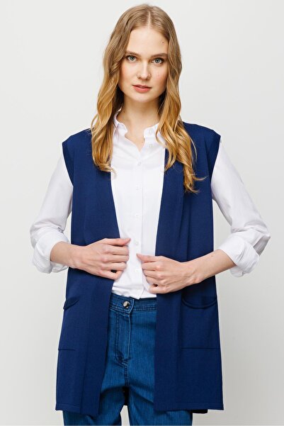 Desen Triko Γυναικείο Πλεκτό Γιλέκο Αραβού με μοτίβο στην πλάτη Navy Blue