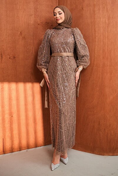 İmajButik Mink Beaded Sequined Belted Evening Dress