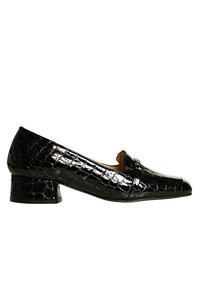 Platin Black Patent Leather Crocodile Print Women's Buckle Heeled Shoes