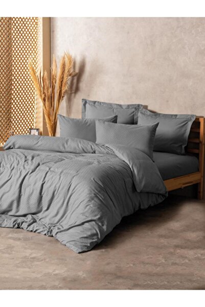 Cotton Box Set cuvertură dublu în carouri uni, gri