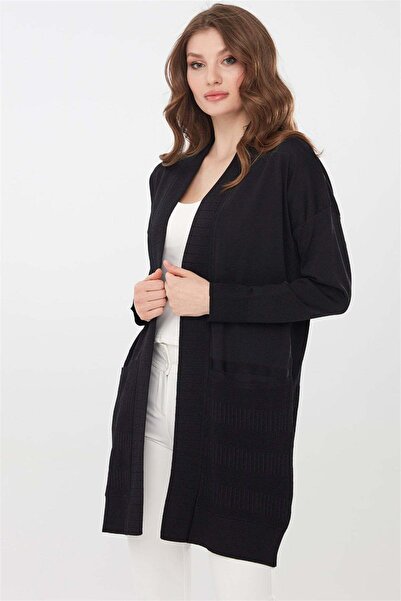 Desen Triko Γυναικεία Πλεκτά Καλοκαιρινή Μακριά Ζακέτα Μαύρη