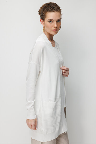 Desen Triko Women's Knitwear Summer Long Cardigan Ecru