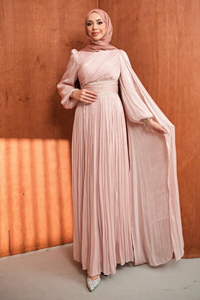 İmajButik فستان سهرة بودرة بحزام عند الخصر مزين بالأحجار