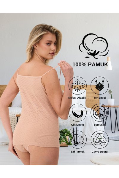 ALYA UNDERWEAR 100% Cotton Fabric, Rope Straps, Women's Undershirt, Jacquard Ribbed, Heart Embroidered, Pack of 5, Skin Color