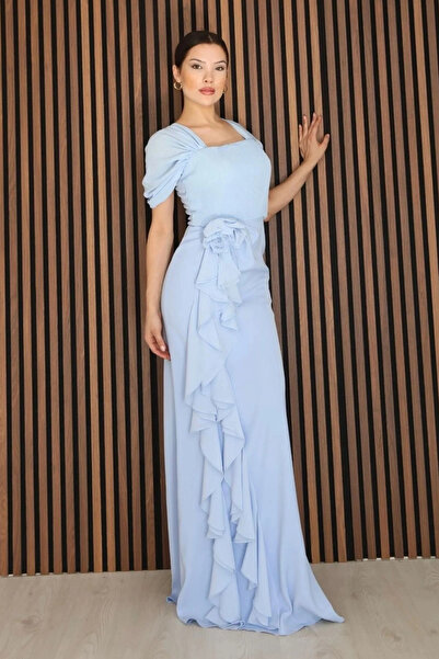 lodmela Piliseli ve Şifon Detaylı Uzun Abiye Elbise 2391-Bebe Mavisi