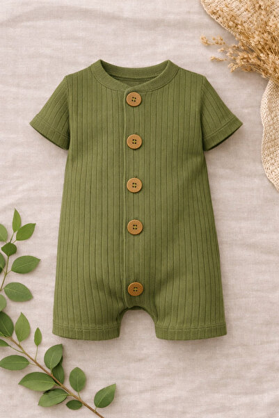 Bubito بذلة صيفية قطنية بأكمام قصيرة وأزرار خشبية - أخضر