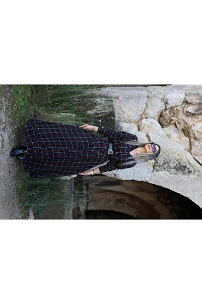 bytugcekaya  Siyah Gömlek Yaka Kareli Kemerli Elbise