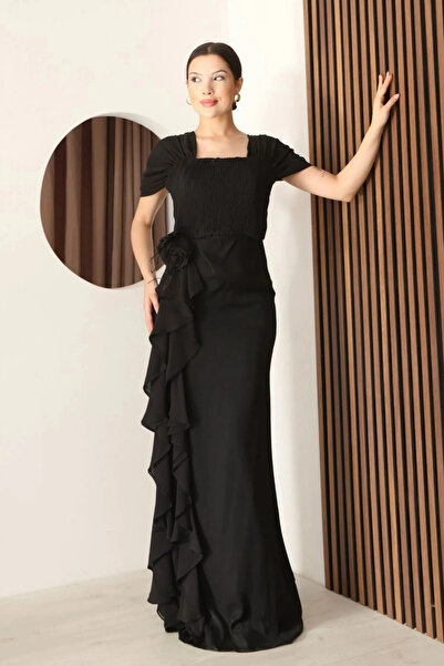 lodmela Piliseli ve Şifon Detaylı Uzun Abiye Elbise 2391-Siyah