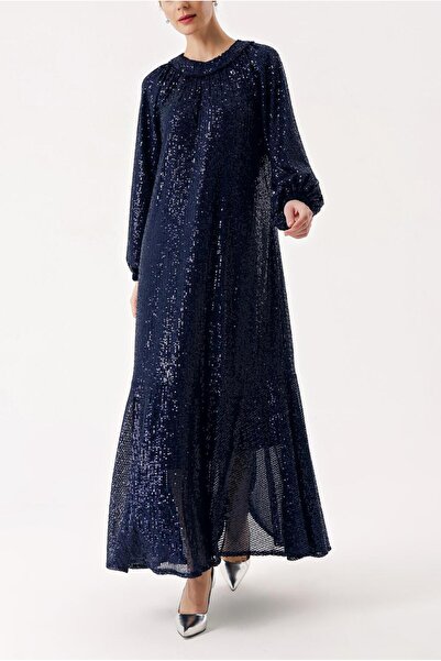 SOCIETA Lacivert Büzgü detaylı balon kollu payetli elbise 94468