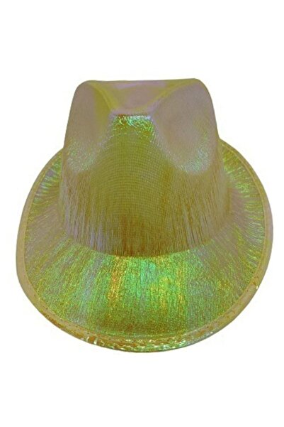 partidolu Holographic Hologram Printed Fedora Party Hat Yellow Color Retro Adult