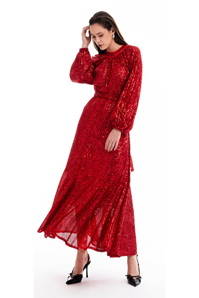SOCIETA Kırmızı Büzgü detaylı balon kollu payetli elbise 94468