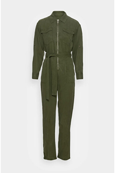 ozze butik Kadın Fermuarlı Kemerli Cep Detaylı Uzun Kollu Tulum Tensel kumaş