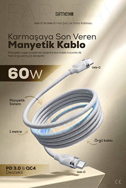 Simex 60W Type-C Type-C Hızlı Şarj Kablosu - Manyetik Şarj ve Veri Kablosu - ...