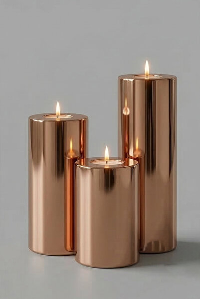PRİME HOME 3 Lü Bakır Krom Parlak Yüzey Mumluk Dekoratif  Tealight Set Mum Ab...