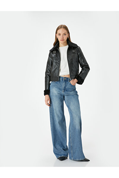 Koton Biker Jacket Leather Look with Buckle and Plush Detail Pocket