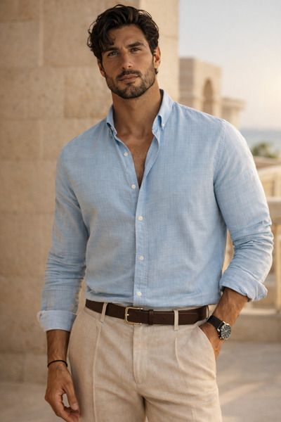 Valiberta Bien Ανδρικό πουκάμισο από βαμβακερό λινό - Mist Blue