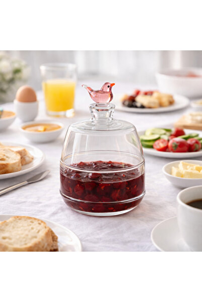 ADAMODART Handmade Glass Jam Jar & Sugar Bowl with Pink Bird Figure and Lid