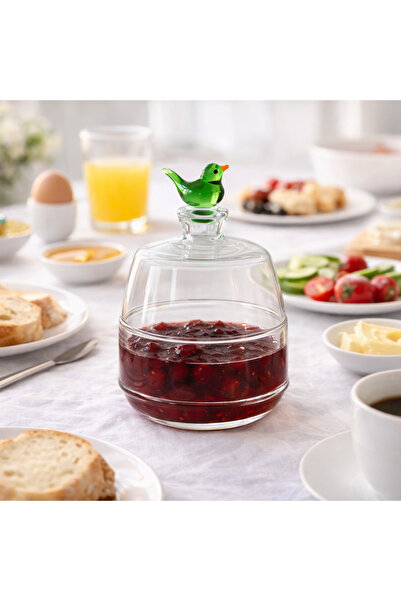 ADAMODART Handmade Murano Glass Design with Green Bird Figure, Jam Bowl & Sug...