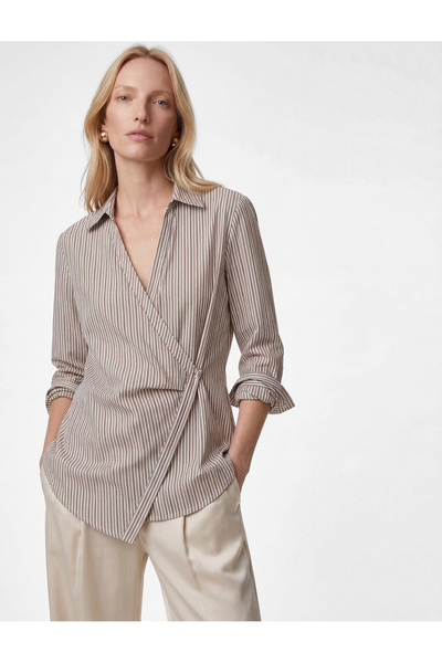 Koton Asimetrik Kesim Kruvaze Yaka Düğme Detaylı Uzun Kollu Gömlek
