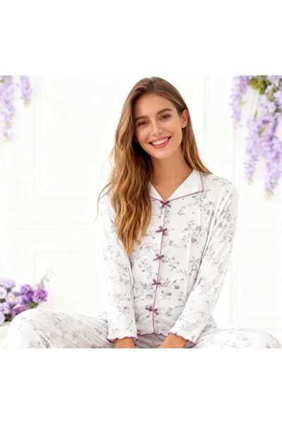 NiCe İç Giyim Plum Color Floral Print White Shirt Collar Bow Detail Crinkled Fabric Women's Pajama Set