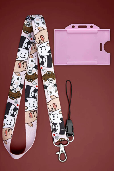 Apptakı Pembe Ayı Desenli Boyun İpi Boyun Askı İpi Boyun Askısı ve Kartlık - ...