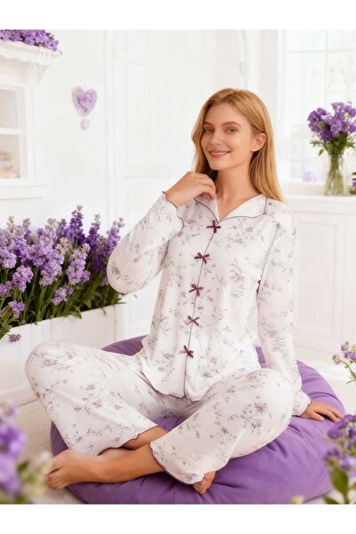 NiCe İç Giyim لون البرقوق بنقشة زهور أبيض ياقة قميص تفاصيل فيونكة طقم بيجامة ...