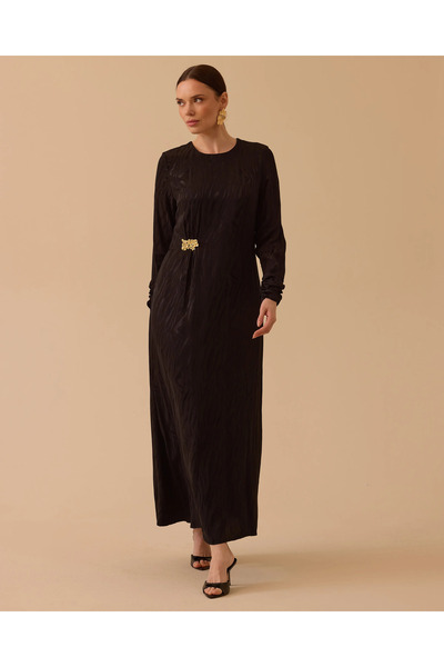 SCL Aksesuarlı Desenli Jakar Elbise