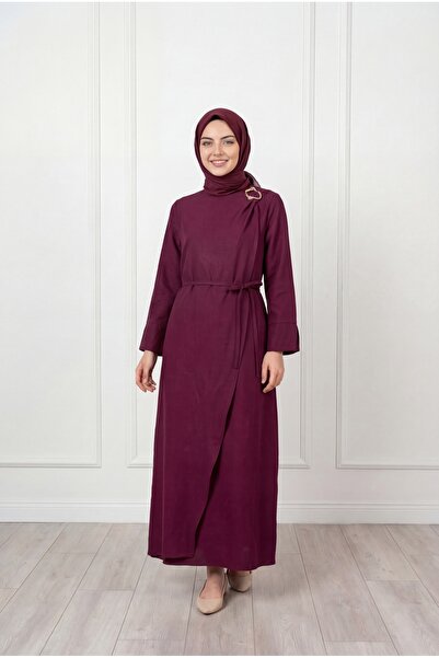 MİHRA STORE Φόρεμα Cupra με αγκράφα στον ώμο Alinur-NA2419 Βουργουνδίας