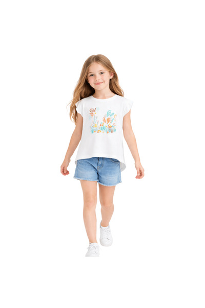 nk kids Girl's T-Shirt Fulya Printed Ecru Colored 100% Cotton Sleeveless Asym...