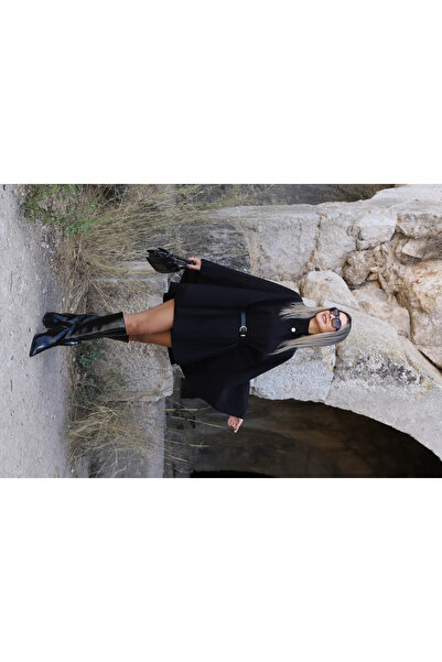 bytugcekaya Black Standard Size Button Detailed Belted Cashmere Poncho